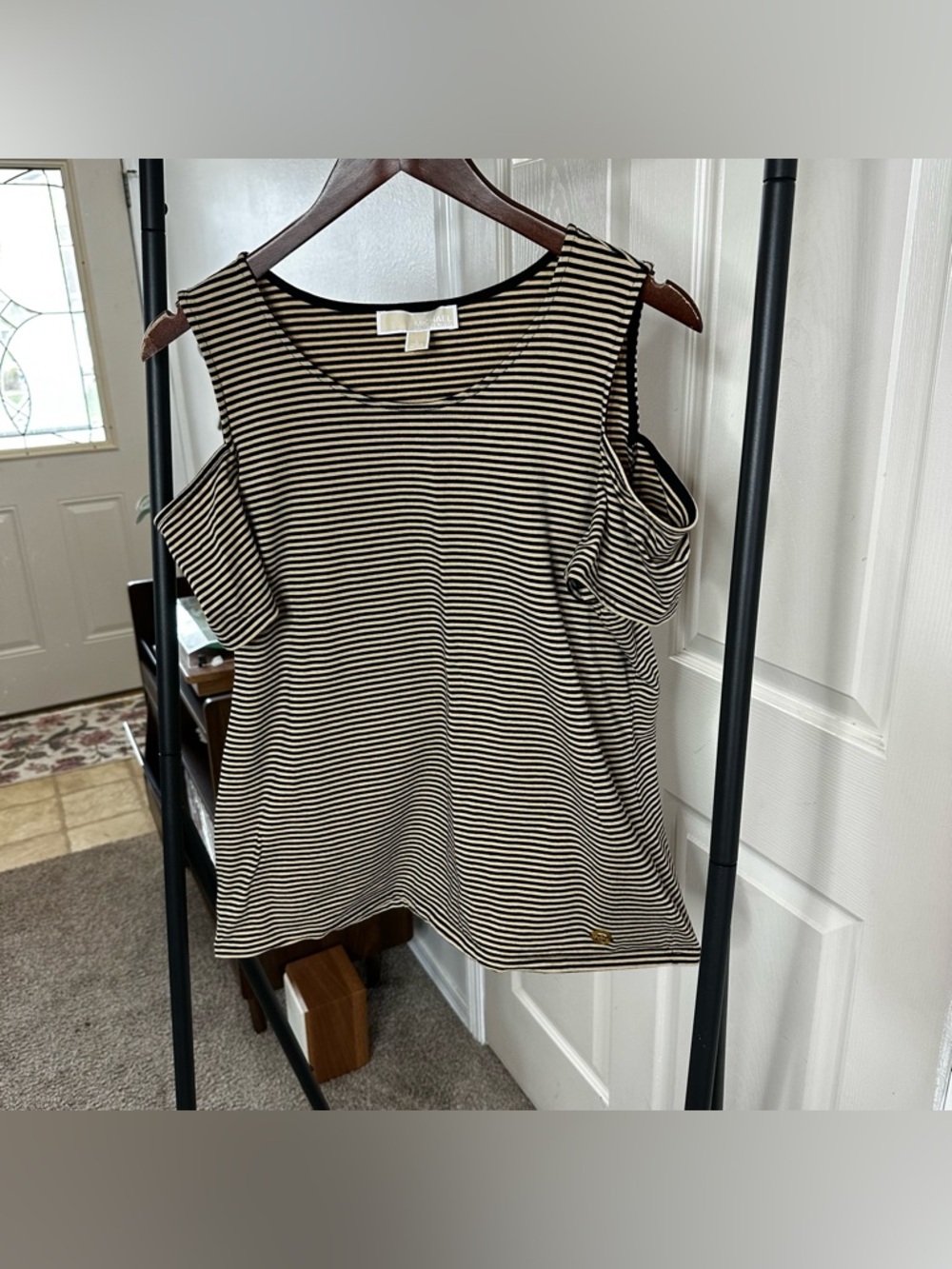 Michael Kors Black and Cream Striped Cold-Shoulder Top 🛞